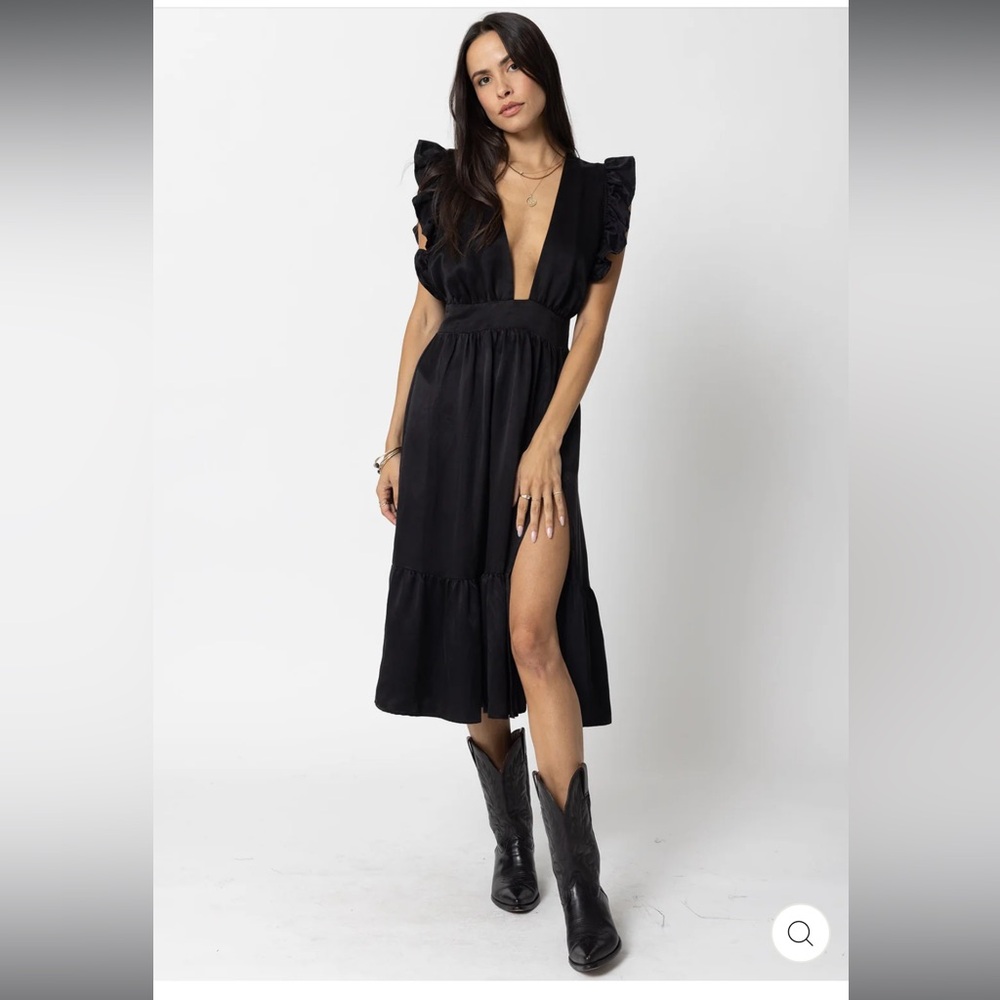 Black satin Stillwater midi dress!